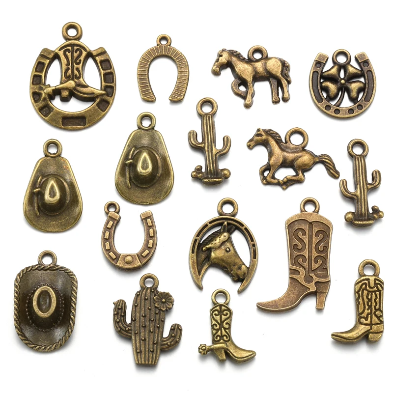100g Pendentif Western Cowboy, 11 Styles De Breloques Antiques Mixtes Pendentifs Occidentaux En Alliage Pour Colliers Bracelets Boucles D'Oreilles Fabrication De Bijoux (Argent