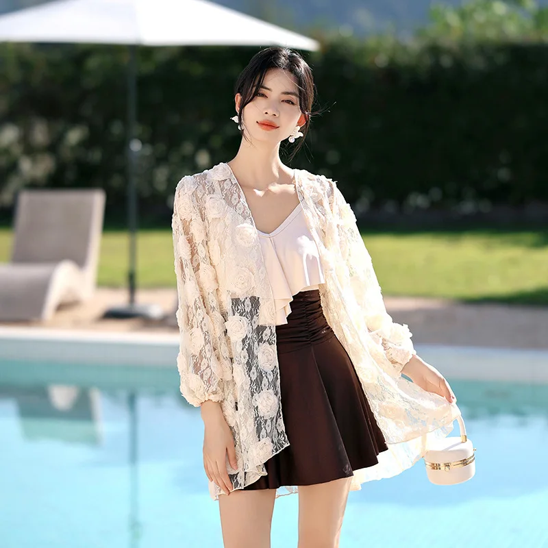 

2024 Ins Dongdaemun New Swimsuit Goddess Temperament Conservative Skirt One-Piece Two-Piece Blouse Vacation Swimwear