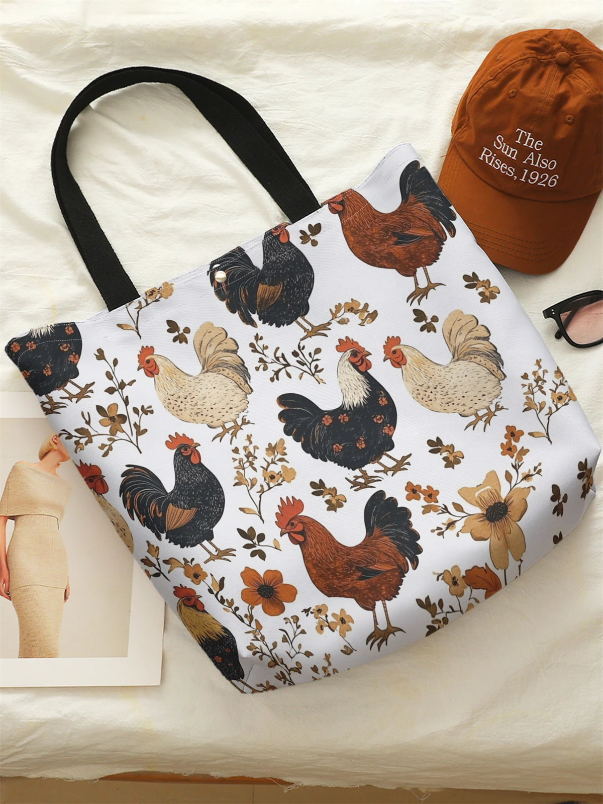 1pc， Rooster pattern handbag, reusable fashionable handbag, multifunctional handbag, printed canvas shopping bag