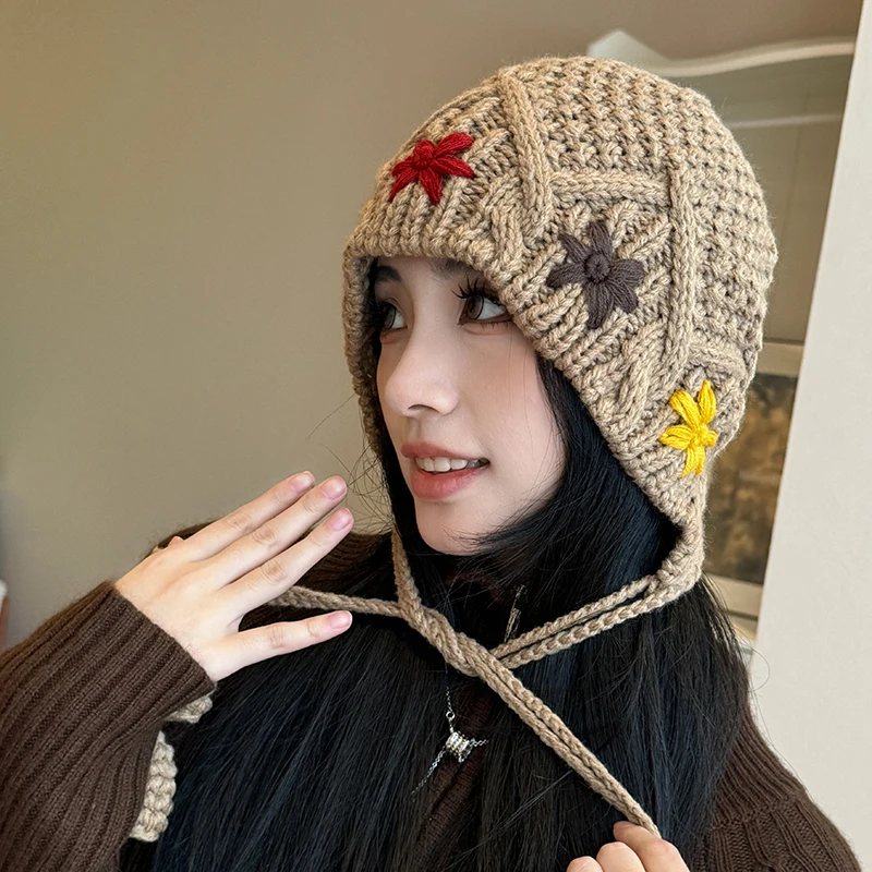 Hand Woven Tassel Wool hat For Women In Autumn And Winter Fried Dough Twists Tassel Red Baotou Hat For Winter Ear Protection Hat