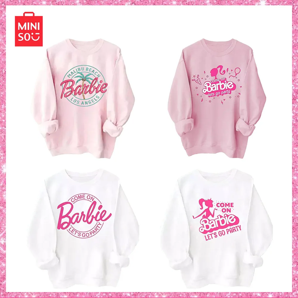 

2023 Miniso Barbie Autumn Winter Round Neck Fashion Pullover Hoodie Medium Long Casual Comfort Pullover Student Top Christmas