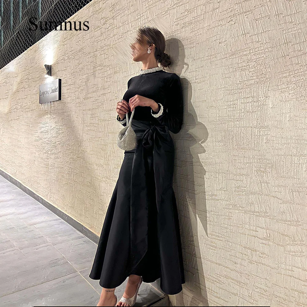 

Черные элегантные вечерние платья Sumnus Vevlet, вечерние платья с жемчугом, бусинами, длинным рукавом, полувысоким воротником, вечерние платья Дубая