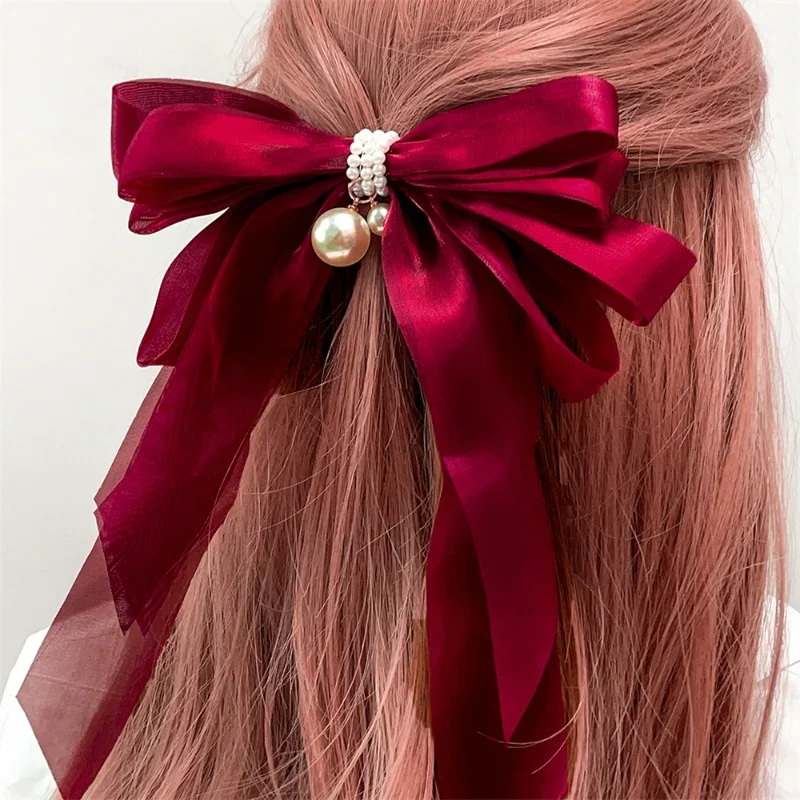 2023 New Red Large Pearl Bow Knot Hairpin Korea Elegant Charm Headwear Alligator Clip Hair Accessories for Women Christmas Gifts 50pcs bag silver color gypsophila organza 10x12cm christmas drawstring gift bag charm jewelry packaging bags