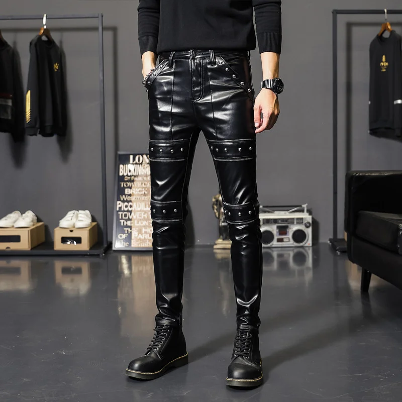 

2022 New Winter Spring Mens Skinny Biker Leather Pants Fashion Faux Leather Motorcycle Trousers for Male Trouser Stage Club Wear