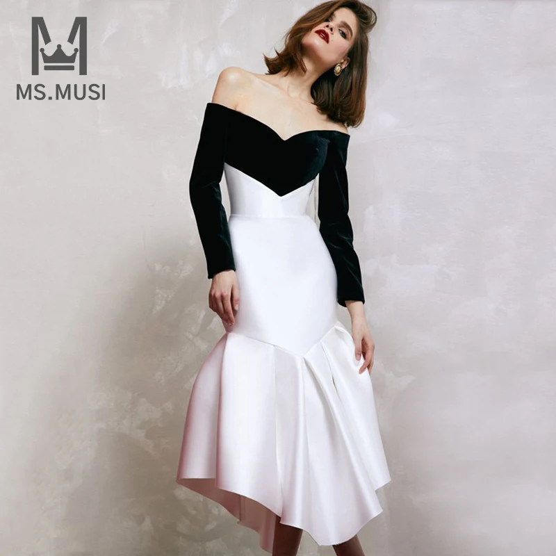 

MSMUSI 2022 New Fashion Women Sexy Off The Shoulder Patchwork Long Sleeve Trumpet Bandage Party Club Bodycon Event Midi Dress
