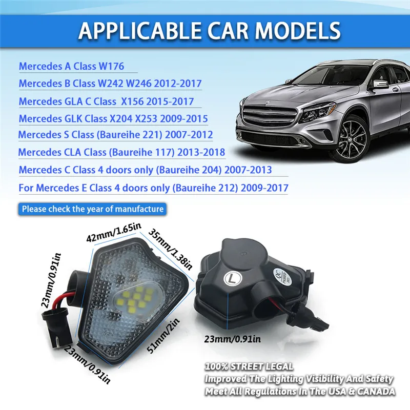 2Pcs Car Led Under Side Rearview Mirror Puddle Light For Mercedes Benz A B C E CLA GLA GLK S Class W176 W204 W212 W246 X164