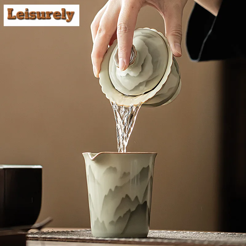 160ml Ru Kiln Ceramic Gaiwan Elegant Mountain Landscape Flower Mourh Tea Tureen Household Tea Maker Cover Bowl Cha Ornaments