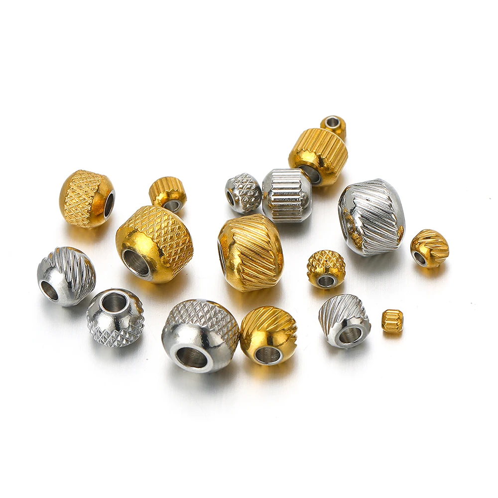 50 Stück Edelstahlperlen in 18k Goldfarbe, 4mm 6mm 8mm, gerillte zylindrische Röhrenperlen, lose Perlen für Schmuckherstellung, DIY-Zubehör