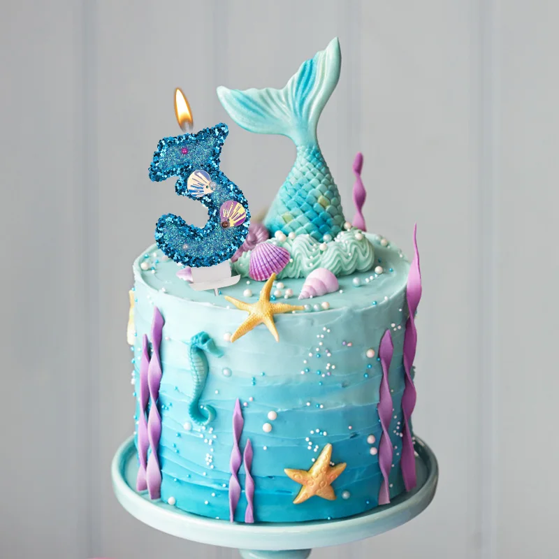 Glitter Blue Number Cake Candles Kids Boy Girl Birthday Party Cake Topper Decoration Mermaid Party Supplies Under The Sea Decor
