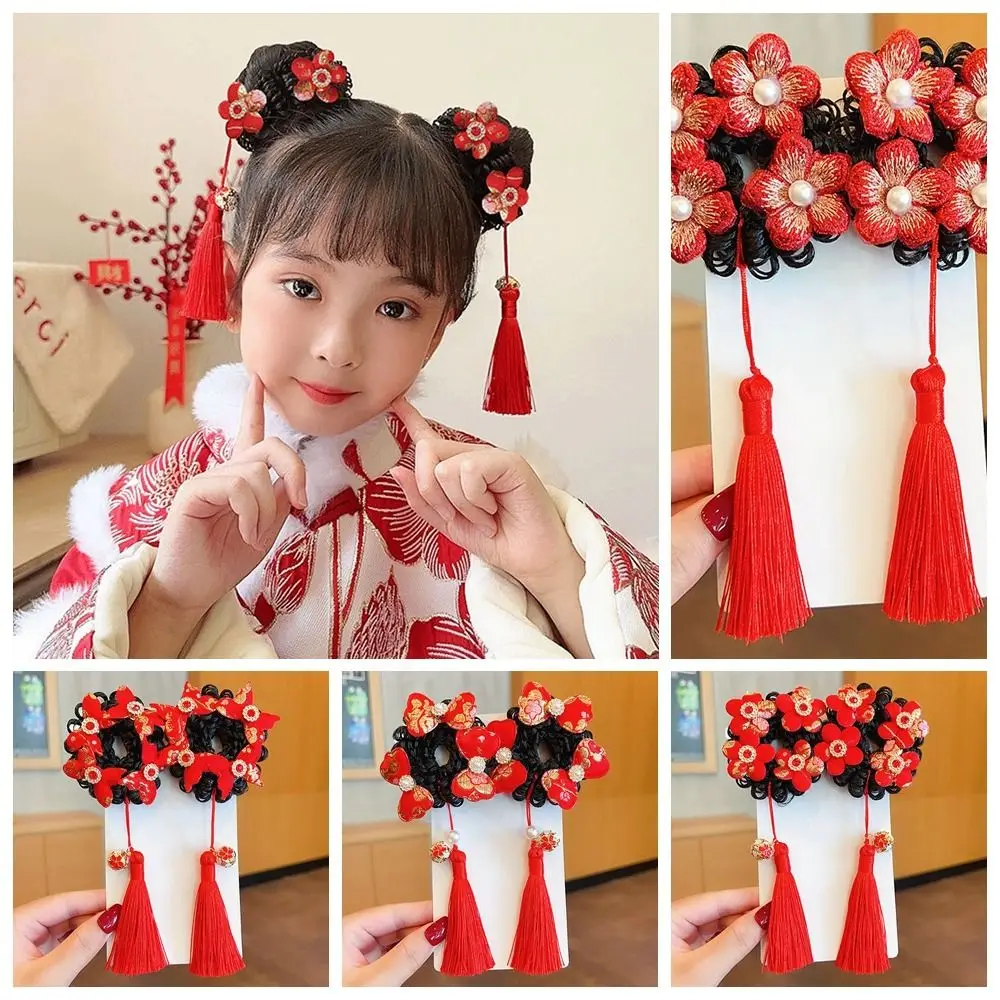 Chinese New Year Red Wig Braid Hair Rope Elastic Hair Bands Long Tassel  Bow Ponytail Holder Hair Ties Tang Suit Hanfu Hair Ring