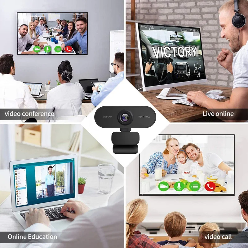 Black Network Webcam USB Camera Full HD 1080p USB with 360 ° Rotation Microphone for Laptop PC