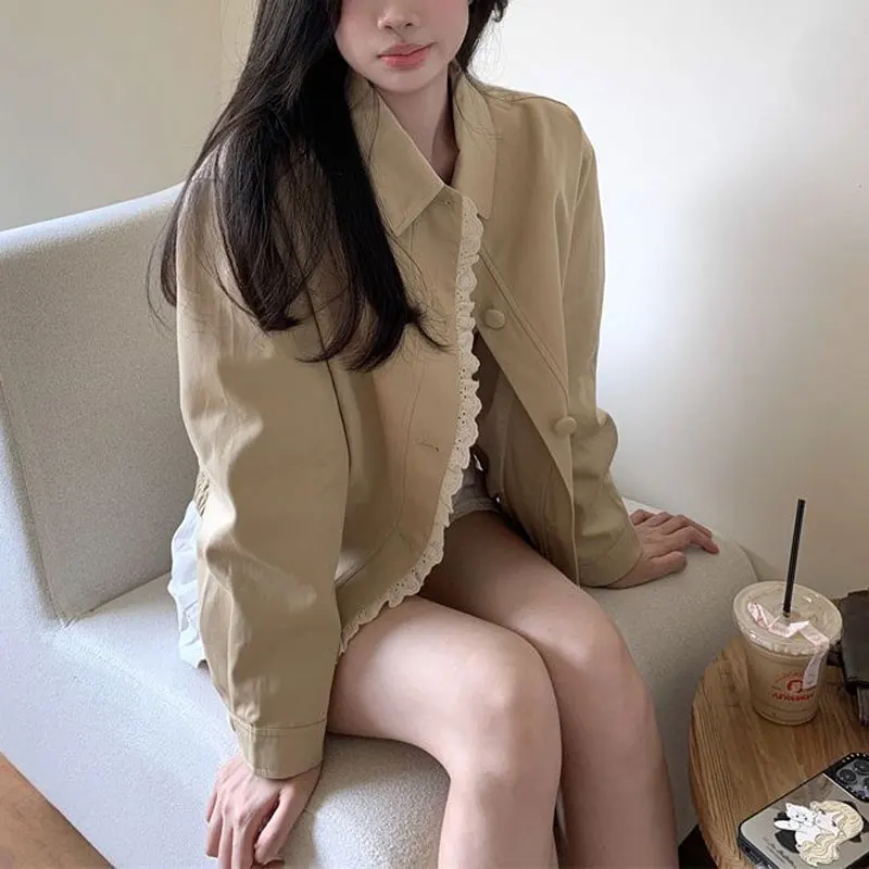 Abbigliamento da donna Cappotti corti tinta unita Colletto rovesciato vintage Autunno Elegante pizzo impiombato Giacche basic casual a maniche lunghe