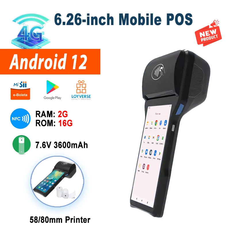 Handhe 6.26 inch Android 12 POS Terminal with 58/80mm Printer 2G+16G Memory Loyverse Desktop POS 4G WIFI BT Connection 2D Scanne