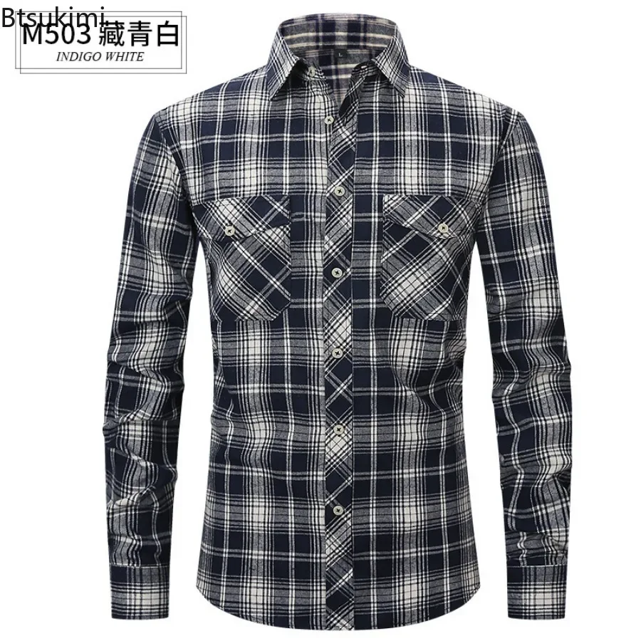 2024 Men's Flannel Plaid Shirts Fashion Long Sleeve Casual Button Shirts Slim Fit Comfortable Double Pocket Design Men's Shirts