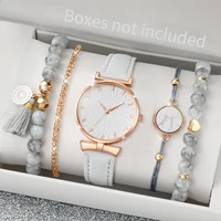 5PCS/Set Women's Watch Fashion Arabic Dial Quartz Watches Leather Band Wristwatches Beads Bracelets Set（Without Box） 1
