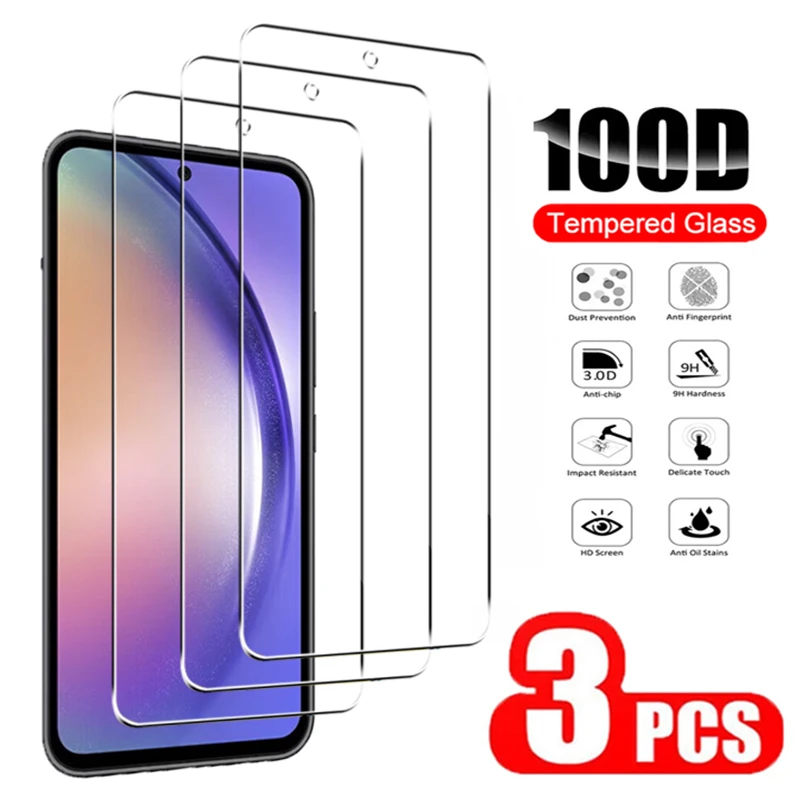 

3Pcs Tempered Glass For Samsung Galaxy A54 A74 A53 A52S A72 S20FE A14 A24 A34 S21FE A22 A33 5G Screen Protector Glass Film