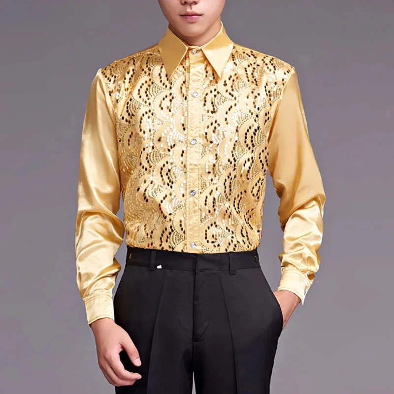 

Shiny Gold Sequin Glitter Long Sleeve Shirt Men New Fashion Nightclub Party Stage Disco Chorus for Chemise Homme