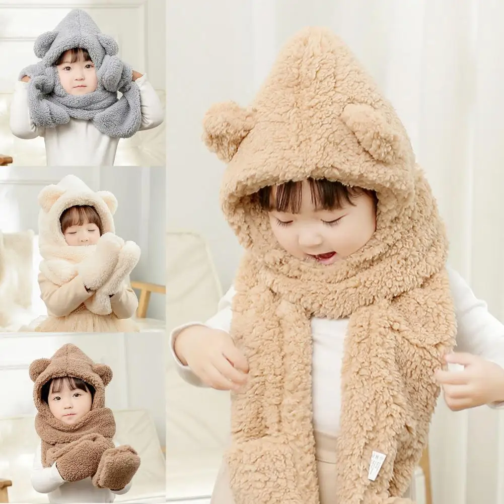 

3 In 1 Lovely Appearance Hooded Scarf Gloves Warm Cartoon Bear Ear Plush Girls Scarf Hat Gloves For Fall Winter