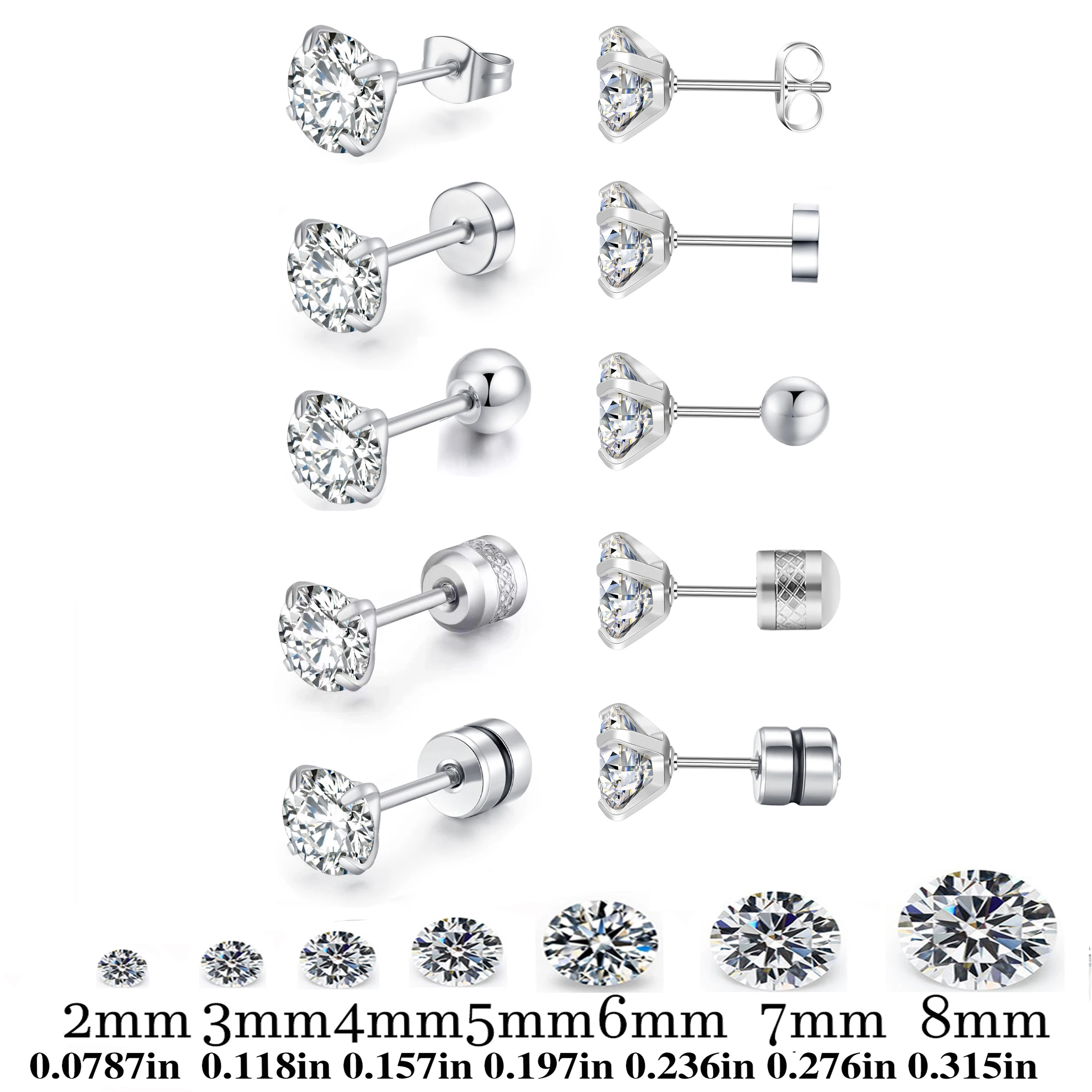 Stainless Steel CZ Zircon Earrings For Women Men Crystal Screw Titanium Alloy Ear Studs Round Beads Jewelry Stud Earrings