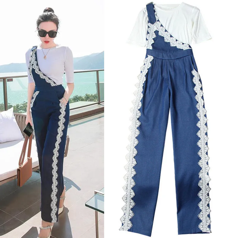 

Korean summer Two Piece Set Women Short Sleeve T shirt + Stitching Lace Wide Leg Pant Suit Sets Streetwear 2 Piece Sets Women