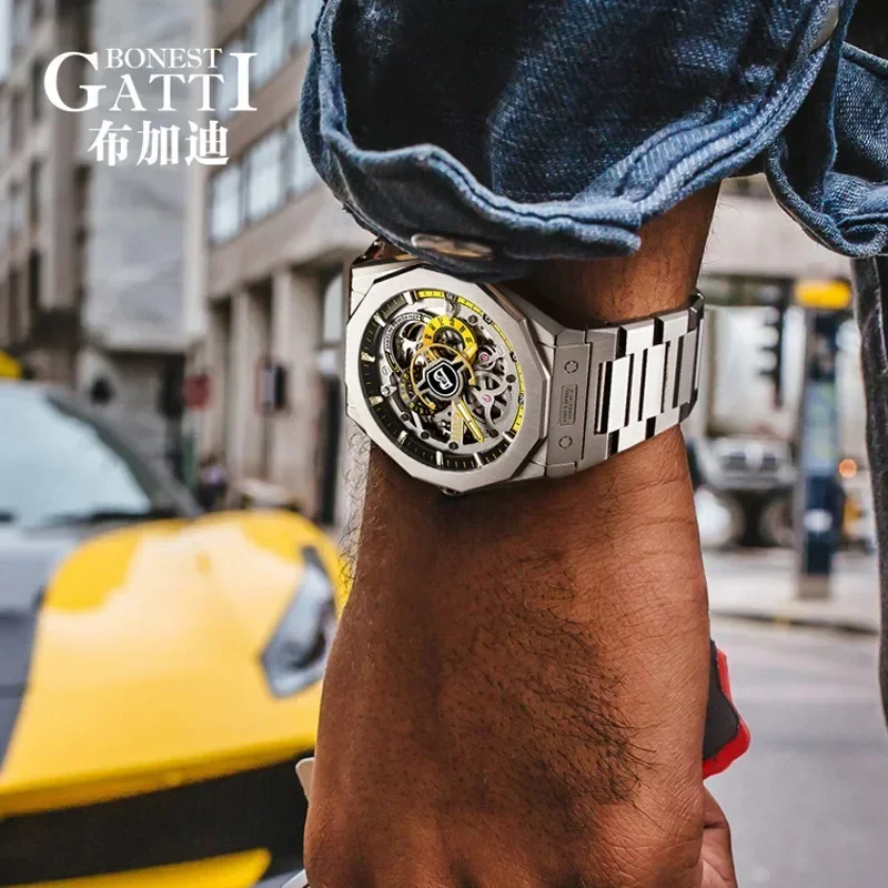 BONEST GATTI Men's fully automatic hollow mechanical watch, speed dial, steel strip, waterproof and luminous