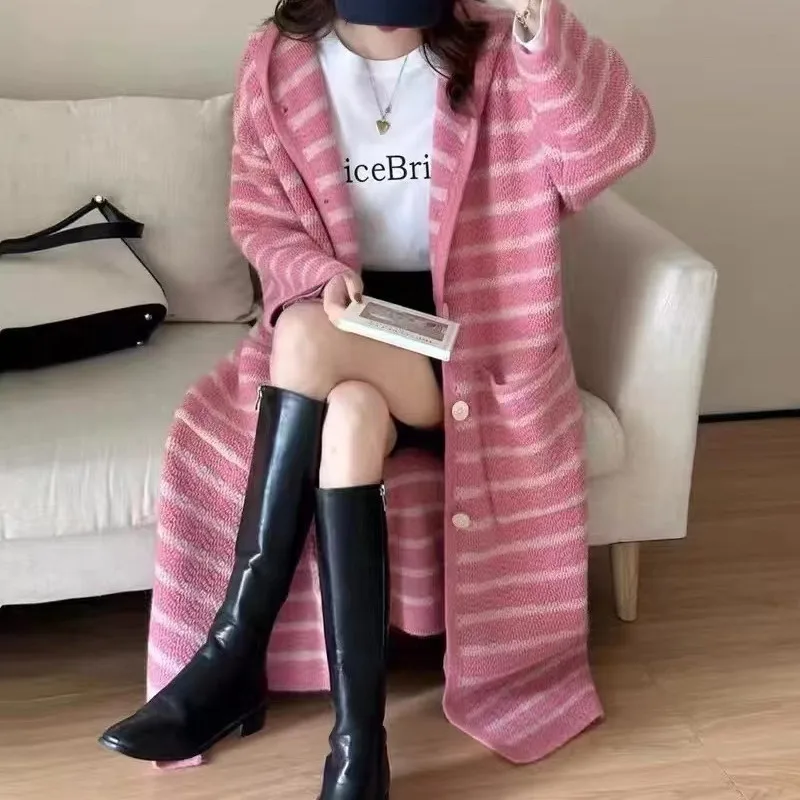 Women Autumn Winter Striped Knitted Sweater Long Sleeve Cardigan