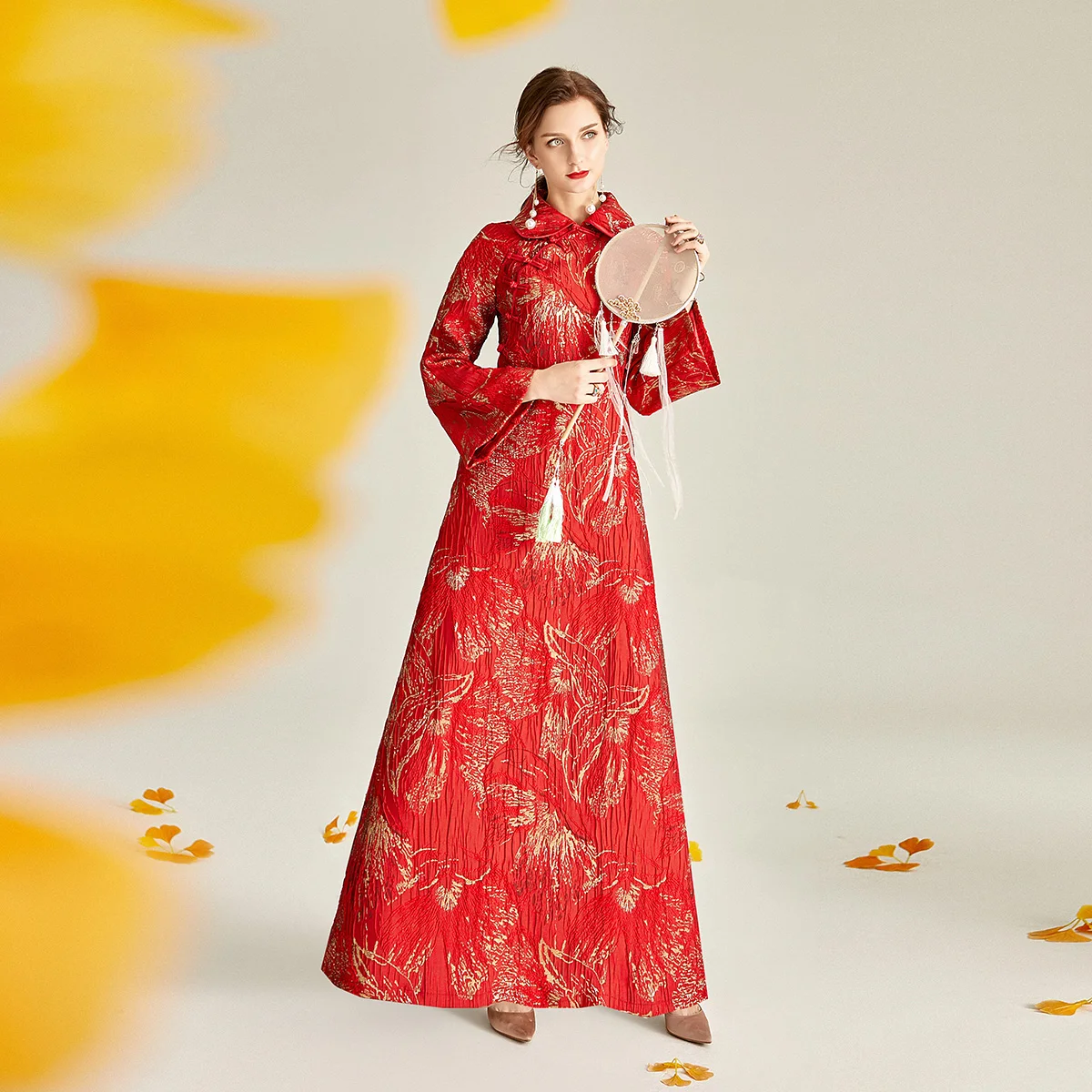 

Autumn and spring long dress, Chinese style, pencil dresses, jacquard, evening party, feminine, floral, 2021