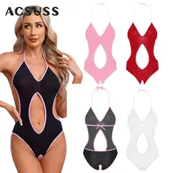 Sexy Women One Piece Swimsuit Open Crotch Monokini Swimwear Sleeveless Stretchy Bodysuit Lingerie Nighwear Clubwear