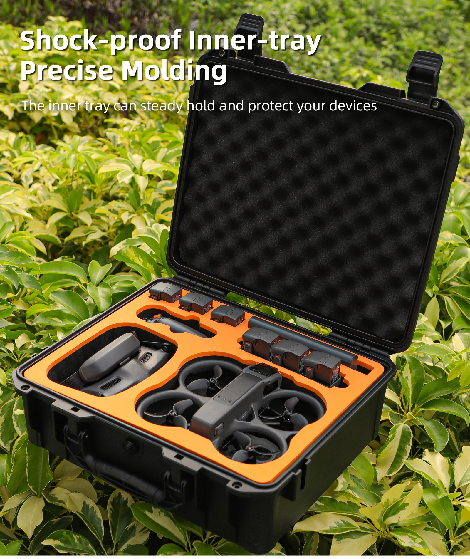 Étui de protection étanche pour DJI Avata 2 ouvert, montrant le drone rangé dans la mousse intérieure.