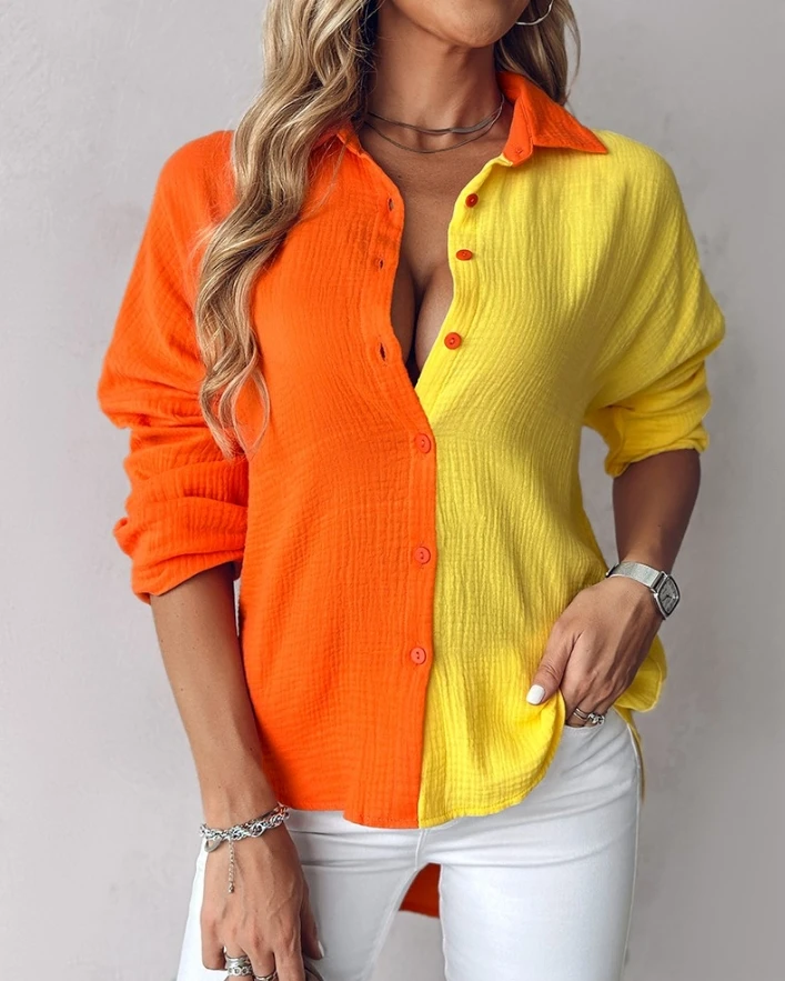 

Casual Women's Shirt 2024 Spring New Turn-Down Collar Blouses Daily Colorblock Buttoned Long Sleeve Top Shirt Female Clothing