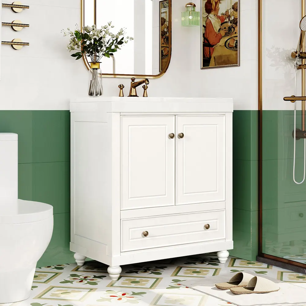 30" Bathroom Vanity with Sink, Combo, Cabinet with Doors and Drawer, Solid Frame and MDF Board, White (Old Sku:JL000006AAK) 2