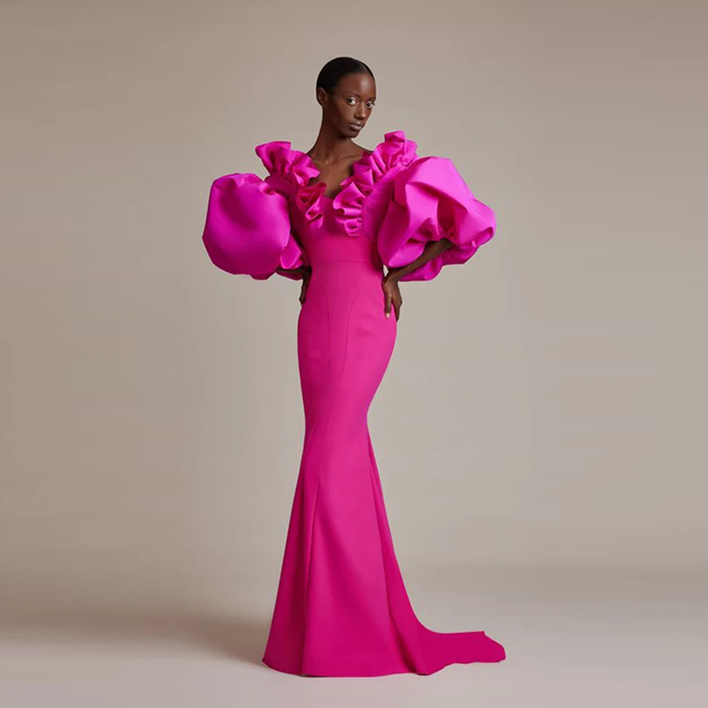 

Ruffles V Neck Mermaid Evening Gowns Puffy Long Saydi Arabia Prom Dresses Saudi Arabia Formal Party Dress Robe De Soiree