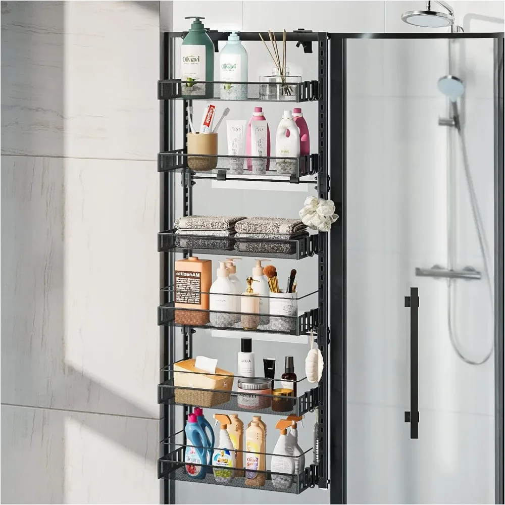 

Over The Shower Door Caddy, Pantry Organizer Rack with Adjustable Hooks, Hanging Shower Organizer Shelf