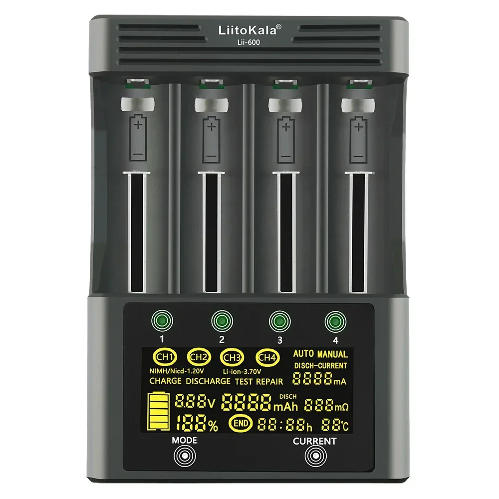 LiitoKala Lii-600 LCD 디스플레이 배터리 충전기 (3.7V 1.2V 18650 26650 21700 26700 AA AAA 호환) 차량 테스트 기능 포함