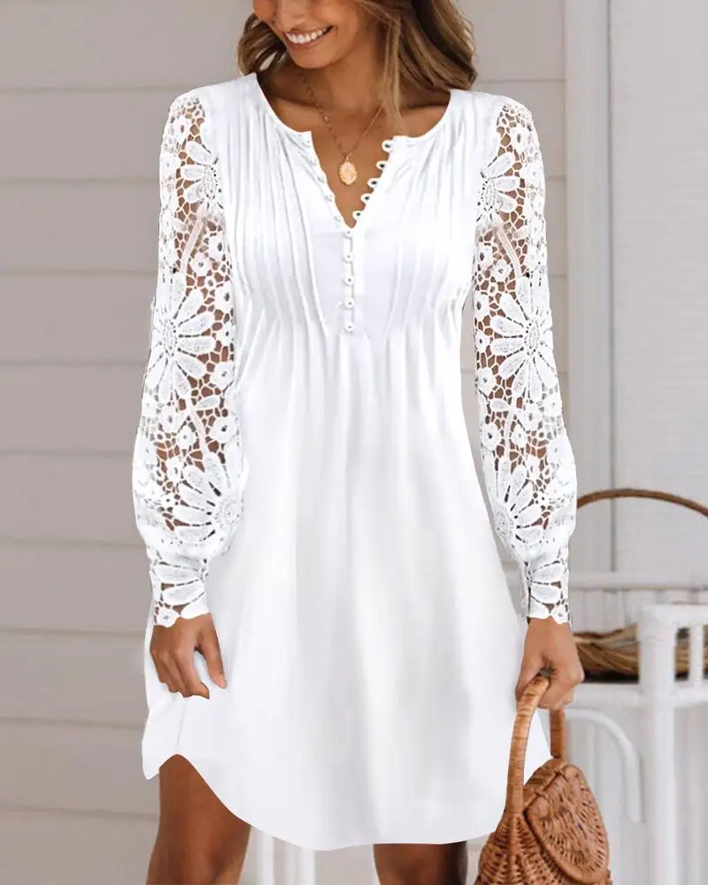 

Women Fashion V Neck A-line Mini Dress White Sexy Elegant Vacation Contrast Lace Long Sleeve Casual Dress