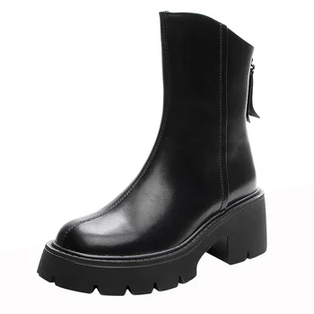 AIYUQI Women Booties Genuine Leather British Style Short Boots Women Retro Back Zipper High Heels Western Cowboy Boots Women 2