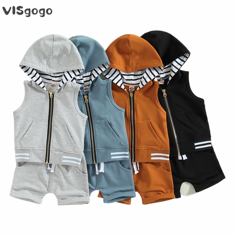 

VISgogo Toddler Boys Summer Clothes Sleeveless Zipper Hoodie Vest Tops + Solid Color Drawstring Shorts Casual Outfit