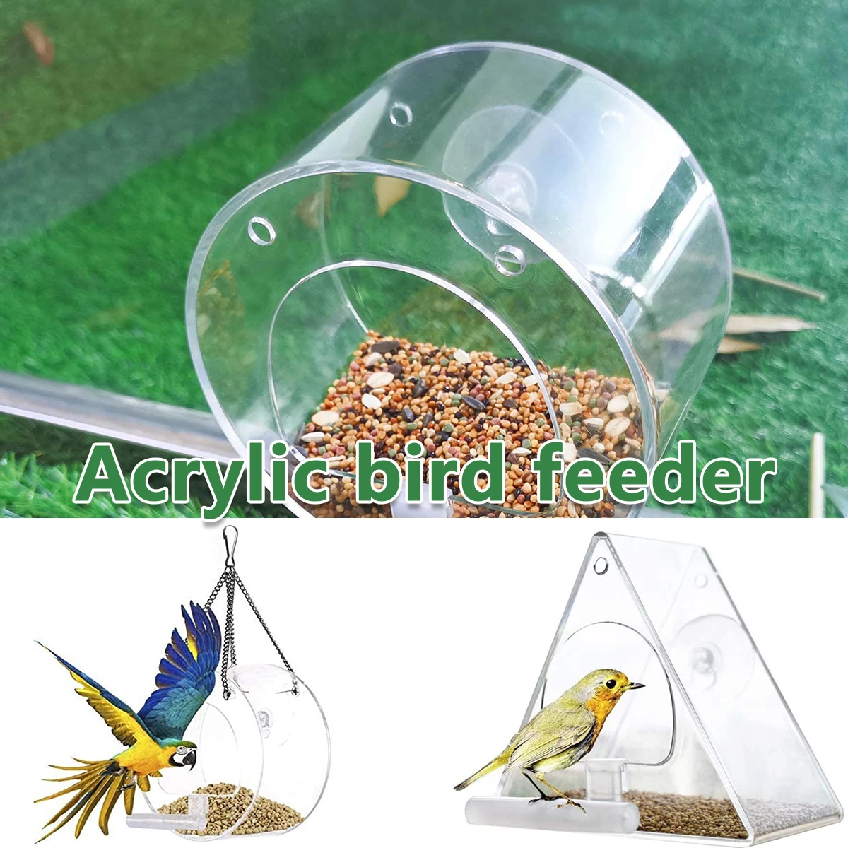 Hanging Wild Bird Feeder Clear Round Acrylic Feeding Station Outdoor Food Container Outside window With Sucker for Cardinals bird feeder