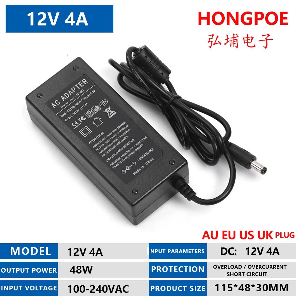 Chargeur d'alimentation 12V 4A Adaptateur d'alimentation 100V-240V AC à DC,48W Transformateurs 5,5 x 2,1/2,5mm pour Caméra, Routeur, Bande Lumineuse LED Chargeur d'alimentation 12V 4A Adaptateur d'alimentation 100V-240V AC à DC,48W Transformateurs 5,5 x 2,1/2,5mm pour Caméra, Routeur, Bande Lumineuse LED