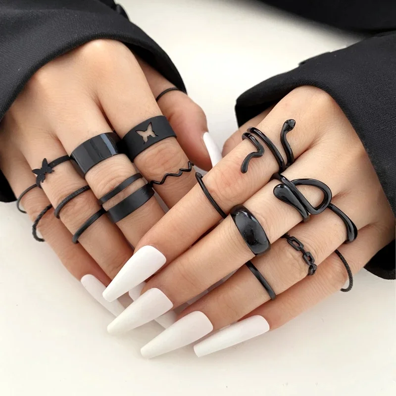 16Pcs/set Punk Finger Rings Minimalist Smooth Gold Color Black Geometric Metal Rings for Women Girls 2022 Trendy Party Jewelry 3