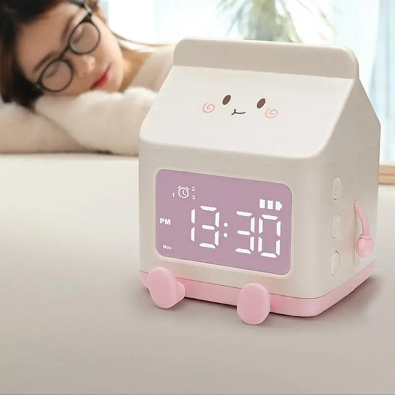 

Alarm Clock Milk Box Shape Clocks Large Screen Multifunctiona Wake Up Clock Children's Student Dedicated Electronic Alarm Clock