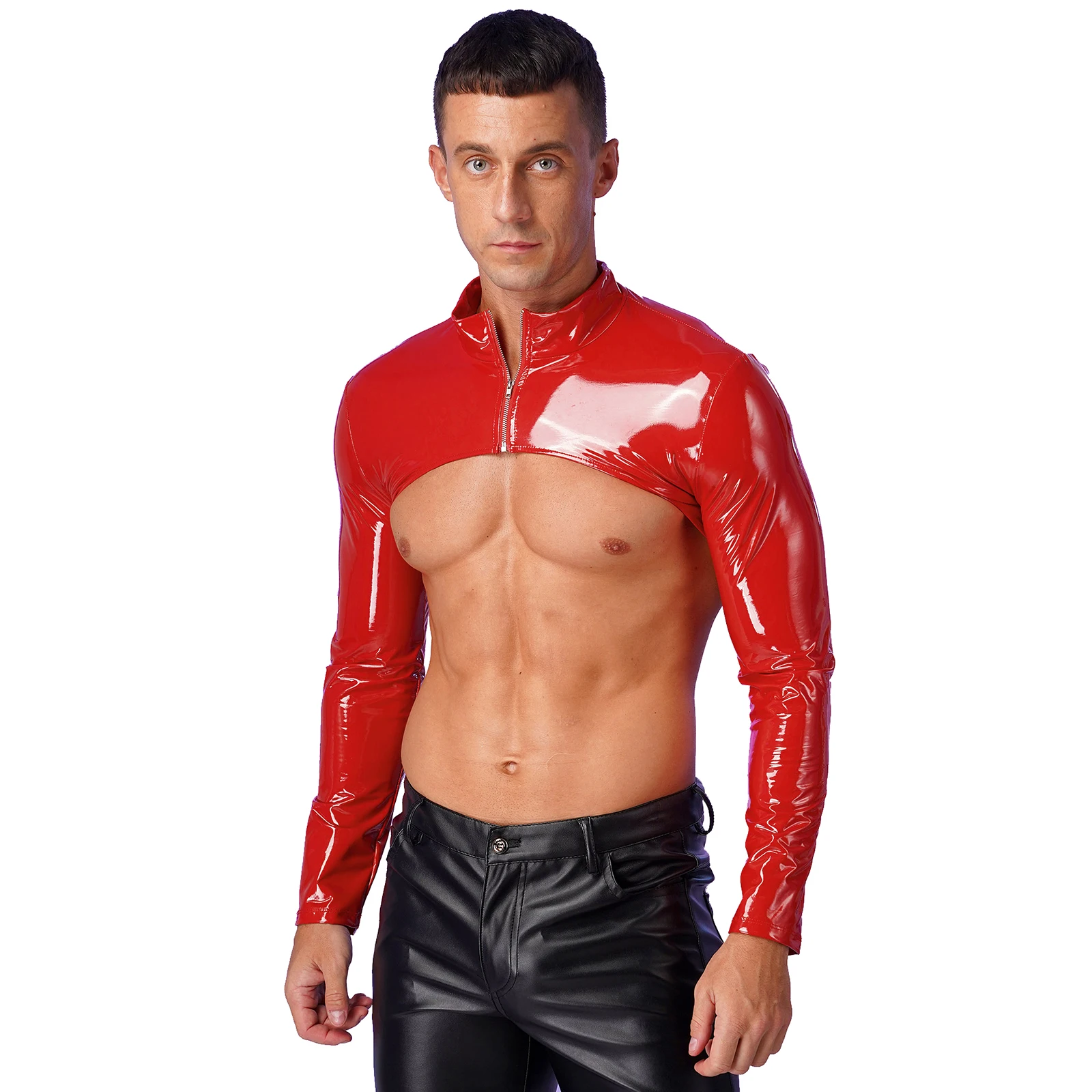 

Mens Patent Leather Crop Top Front Zipper Arm Sleeve Shrug Slim Top Long Sleeve Boxershorts Clubwear Bodybuilding Party Clothing