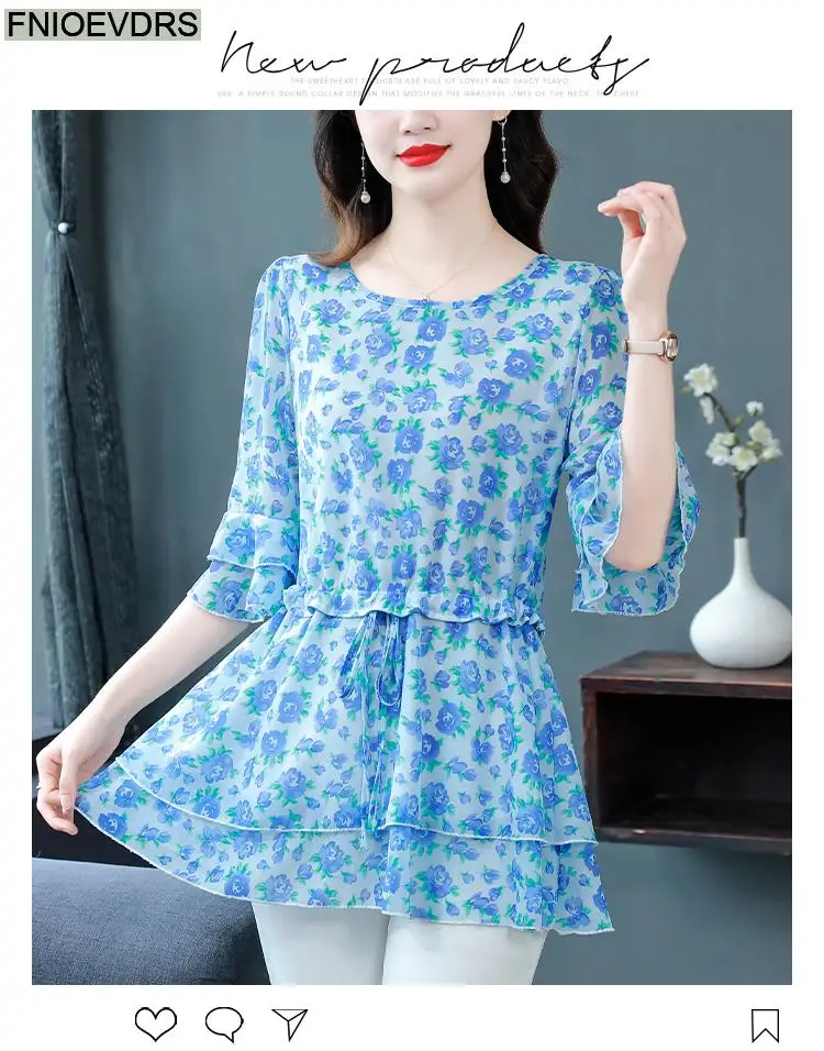 S-4XL Loose Clothes 2023 Women Summer Short Sleeve Elegant Ruffles Shirts Casual Chiffon Floral Tunic Peplum Tops And Blouses