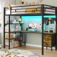 Loft Bed Twin Size with L-Shaped Desk, LED Lights,Charging Station,Twin Metal Loft Bed with Desk, Fabric Drawers & Shelves 1