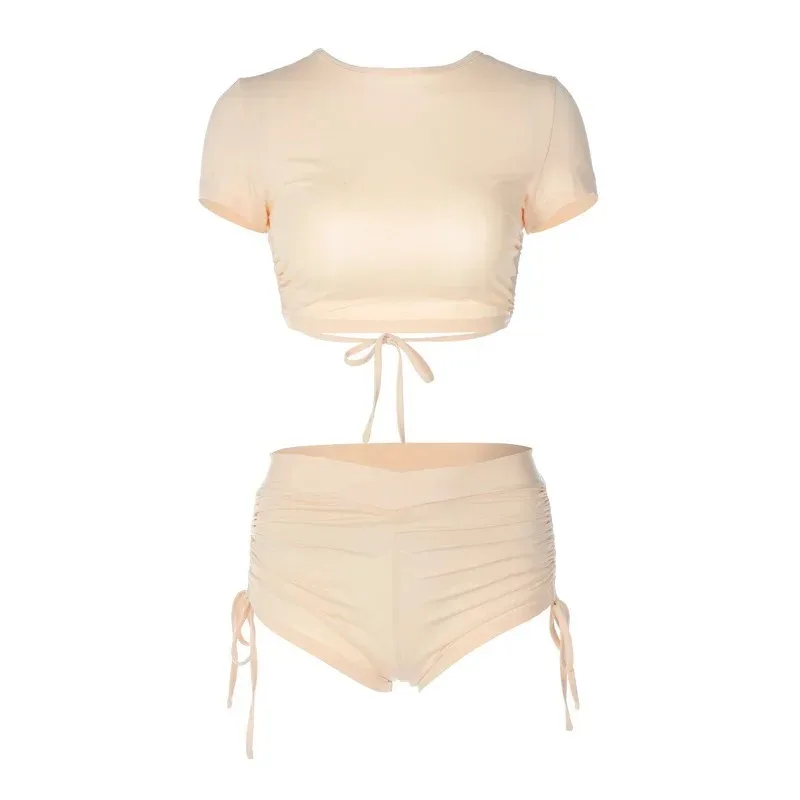 2023 New Fashion Spring New Round Neck Drawstring Short Sleeve Open Back Top with Hip Lift Sexy Hot Short Two Piece Set