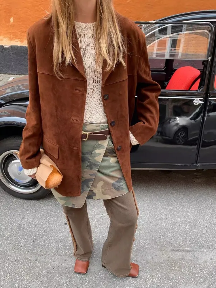 Vintage Autumn Women Real Sheep Suede Blazer Single Breasted