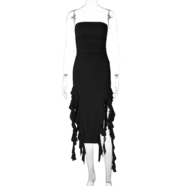 Robe Maxi d'été pour femmes, Vintage, élégante, noire, mode, sans manches, Slim, dos nu, pompon irrégulier, robes de soirée, Robe de rue, 2024