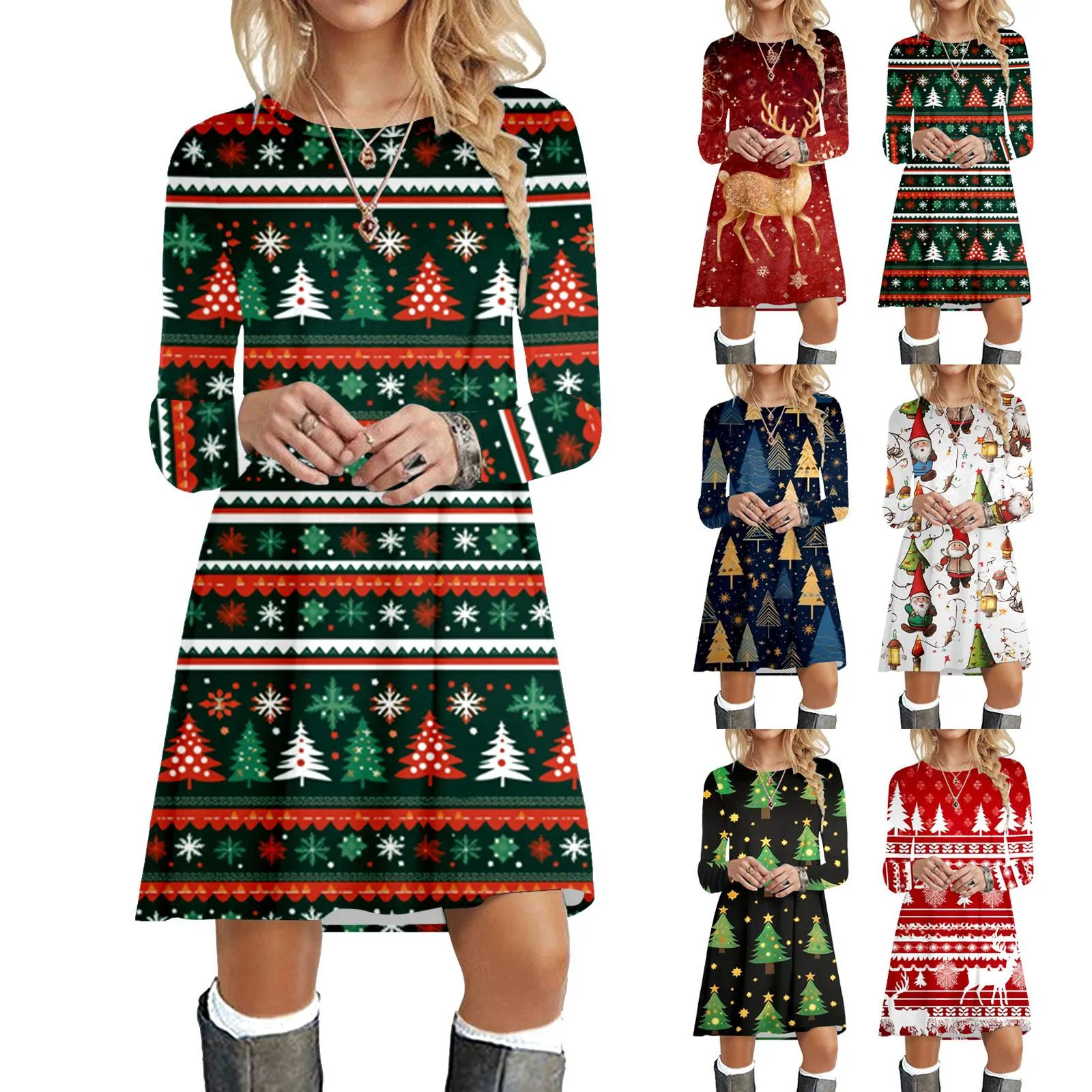ChristmasDressWomenPlusSizeLongSleeveCrewneckDressesHoliday
