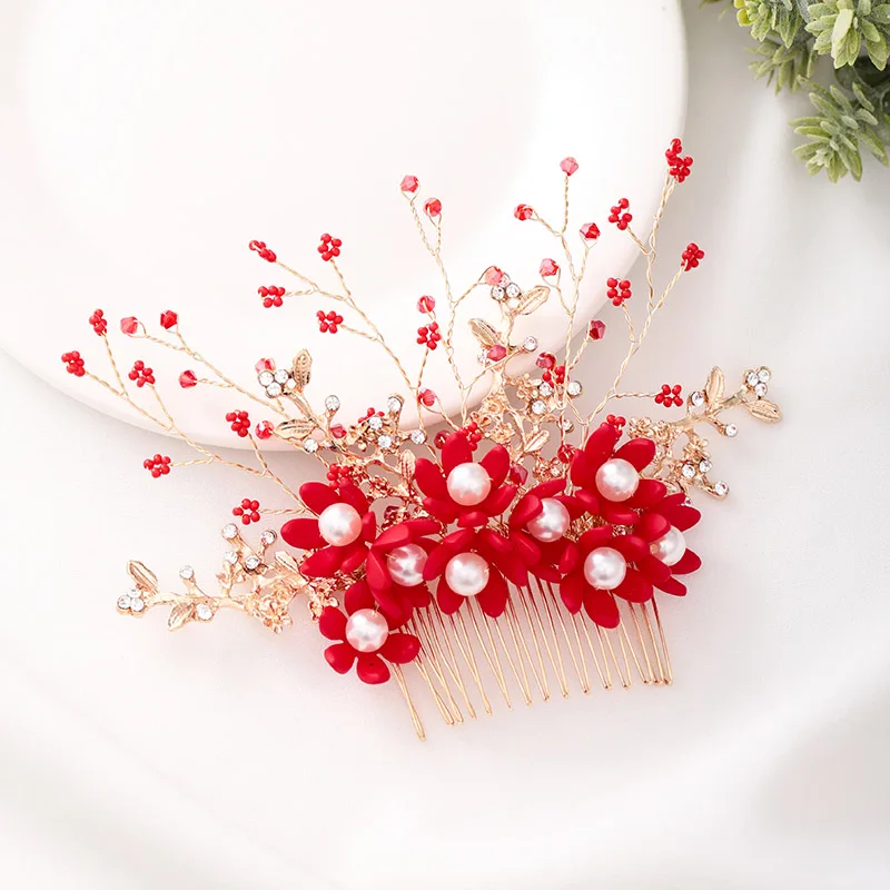 Hair Comb New Fashion Chinese Fake Red Rose Flower Pearl Bridal Bride Noiva Wedding Hair Accessories Head Piece Crown Jewelry