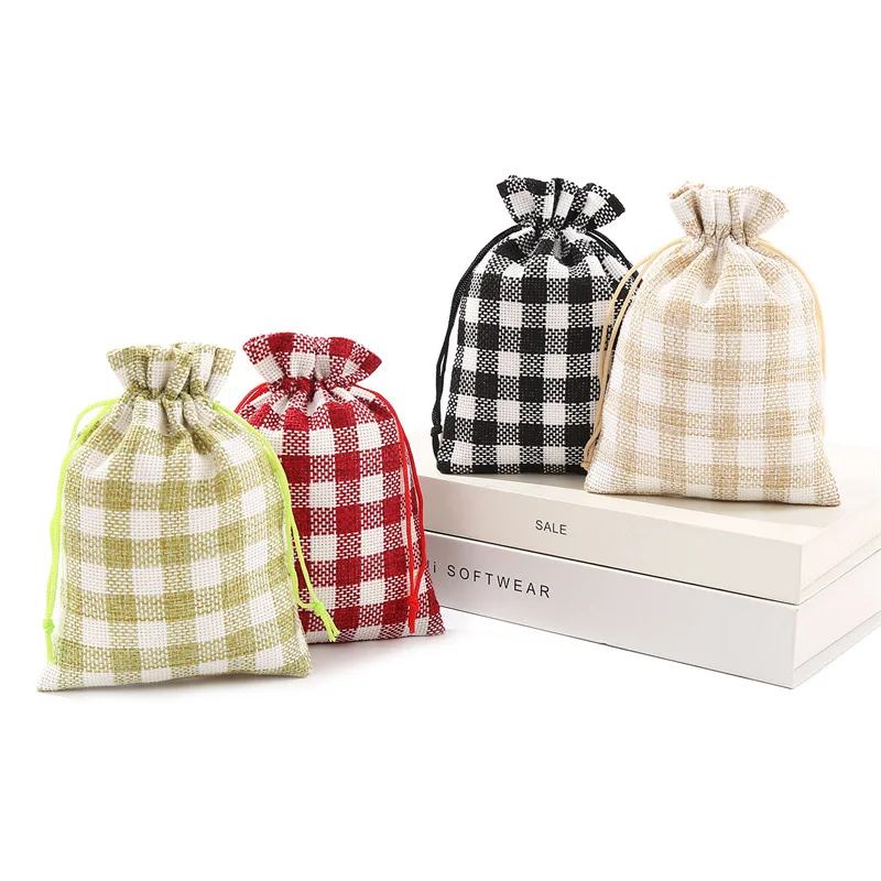 50 Pcs/lot 10*14, 13*18cm Lattice Cloth Drawstring Gift Bags Burlap Pouches Christmas Party Candy Bags Craft Supplies